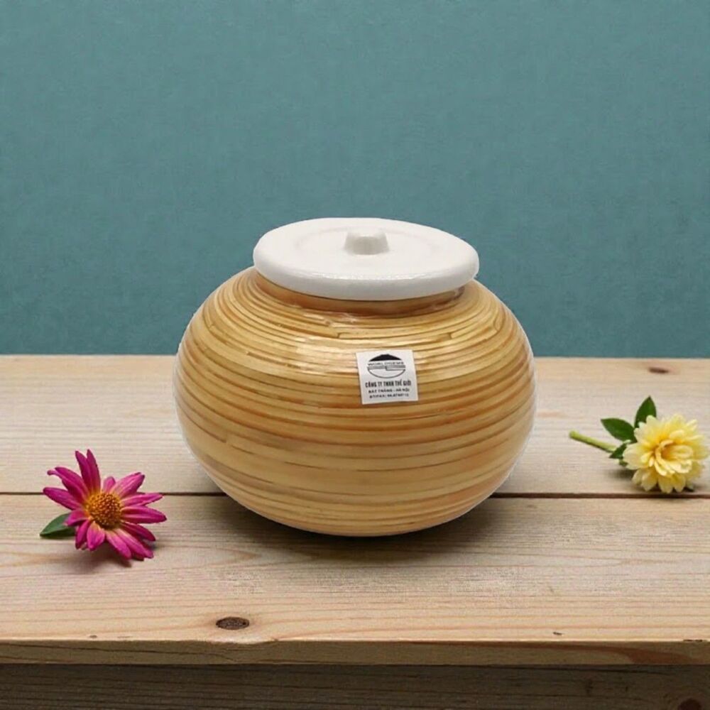 Small Faux Bamboo Vietnamese Pottery Big Belly Canister Bat Trang Hanoi Village